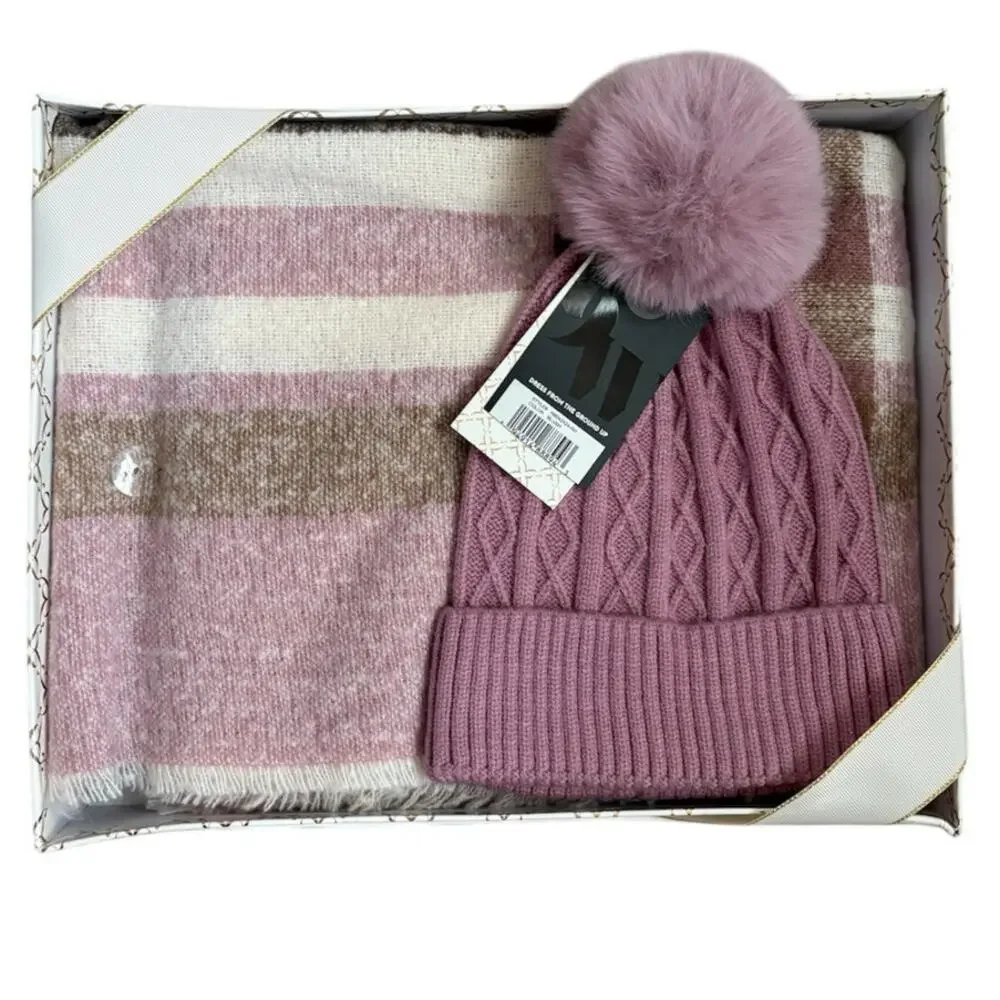 New Nine West Scarf and Faux Fur Pom Beanie Set